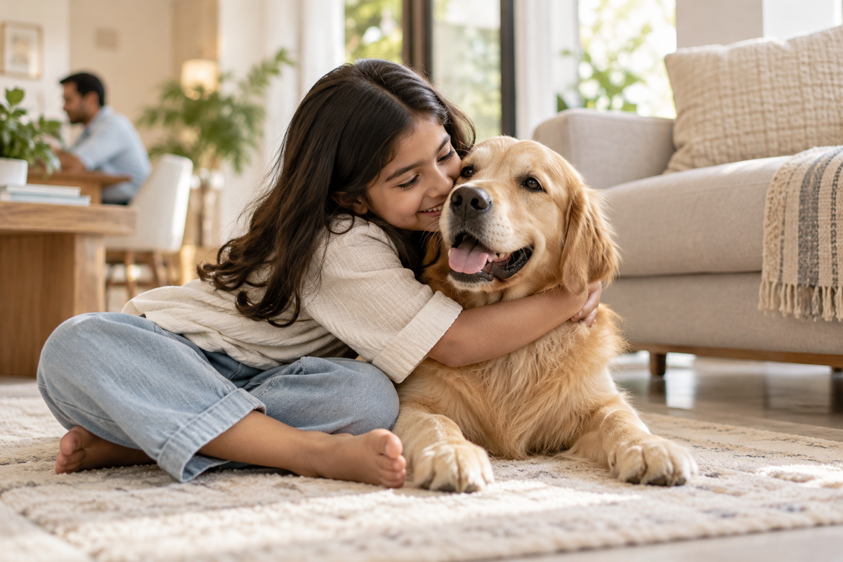 A dog sharing an affectionate moment with its family at home