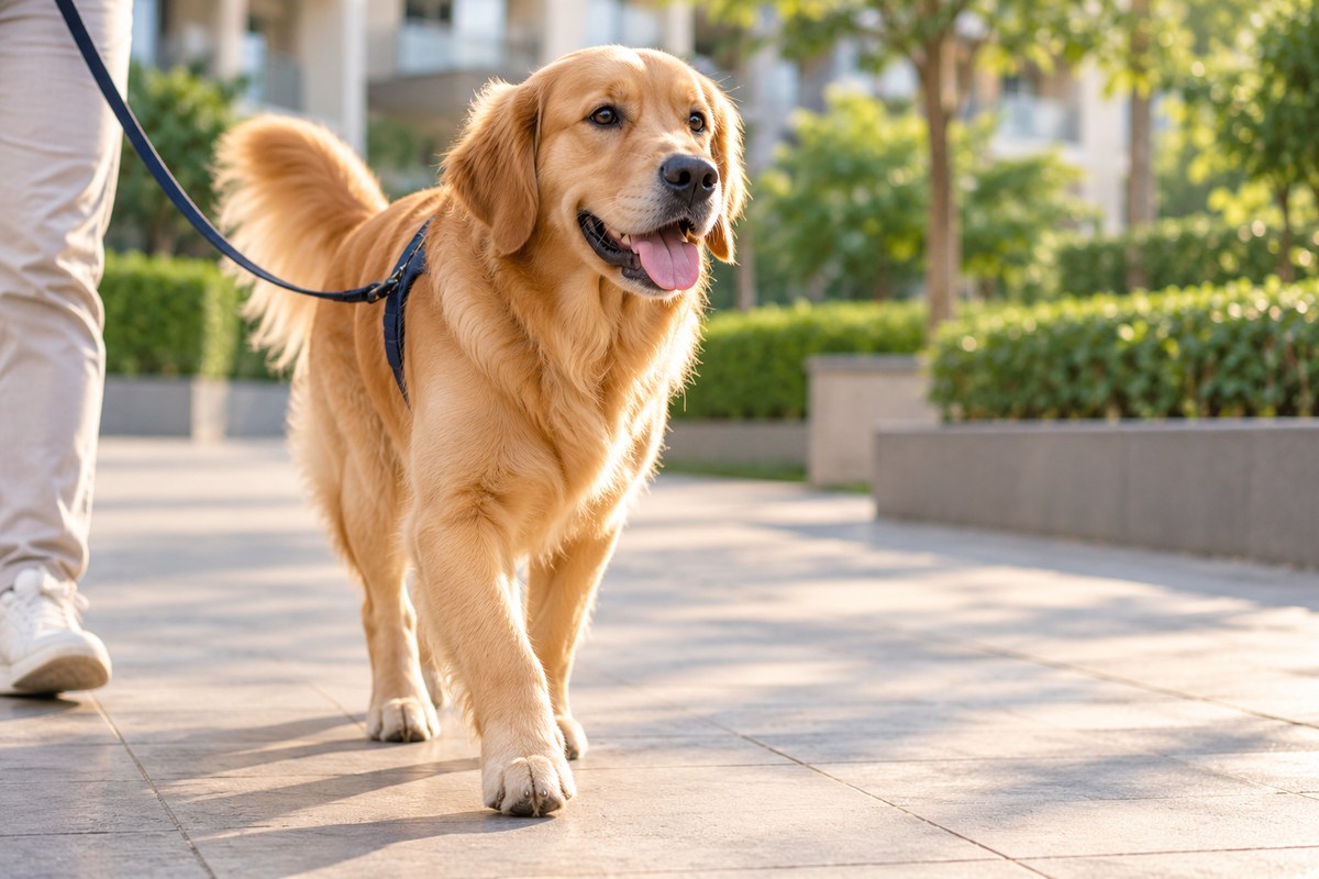 A clean-looking dog after a walk
