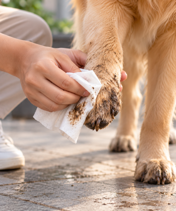 Muddy paws being cleaned