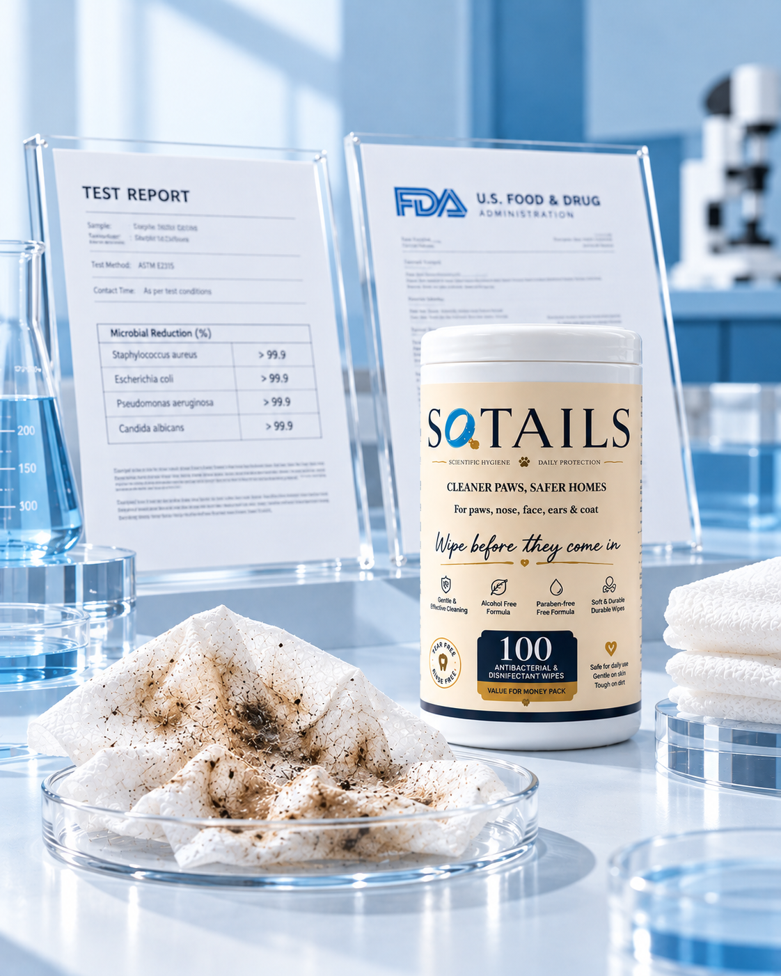 Sotails pet wipes and a dog paw being gently cleaned